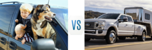 Image shows a Minivan vs. Ford Super Duty Pickup Truck Tableau