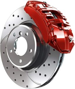 Image shows a brake caliper (red)