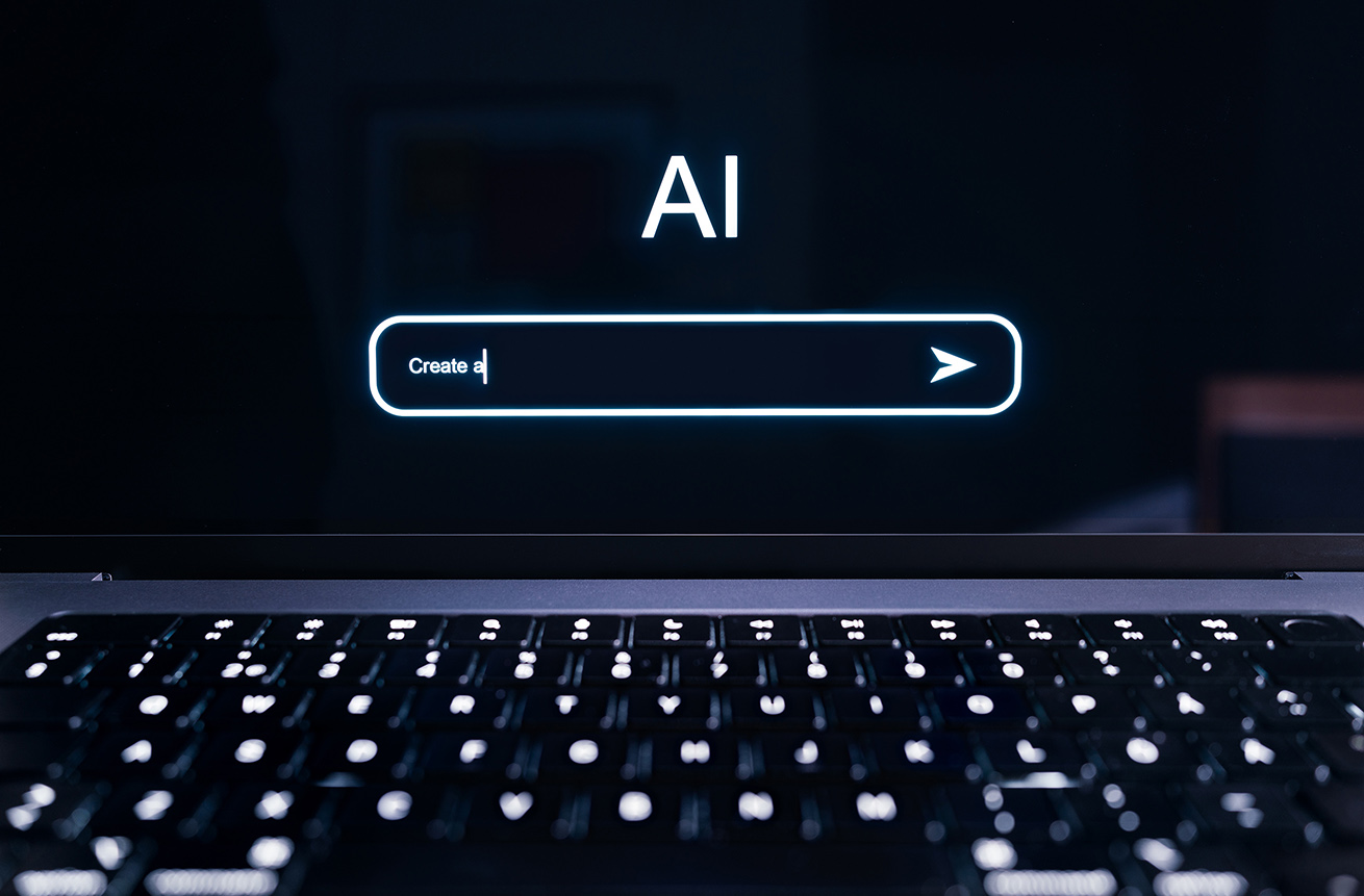 AI prompt in chat screen. Artificial intelligence in generative chatbot. Command to generate text or image with new tech. Digital robot technology in computer. Machine learning and virtual assistant.