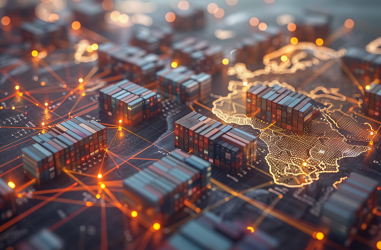 3d rendered global supply chain map showing interconnected trade