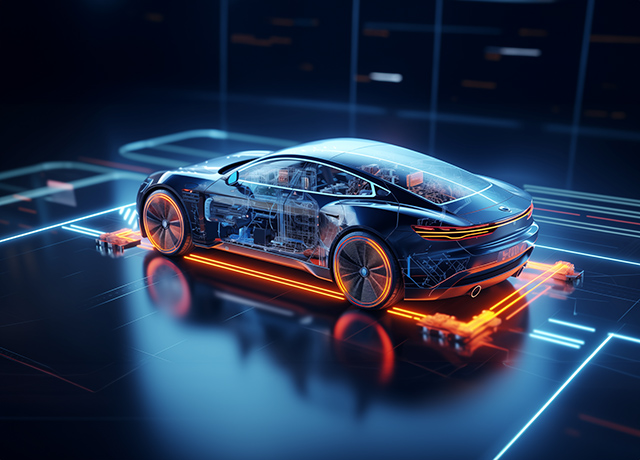 electric vehicle battery and motor on the car chassis with a blank background and data visualization.