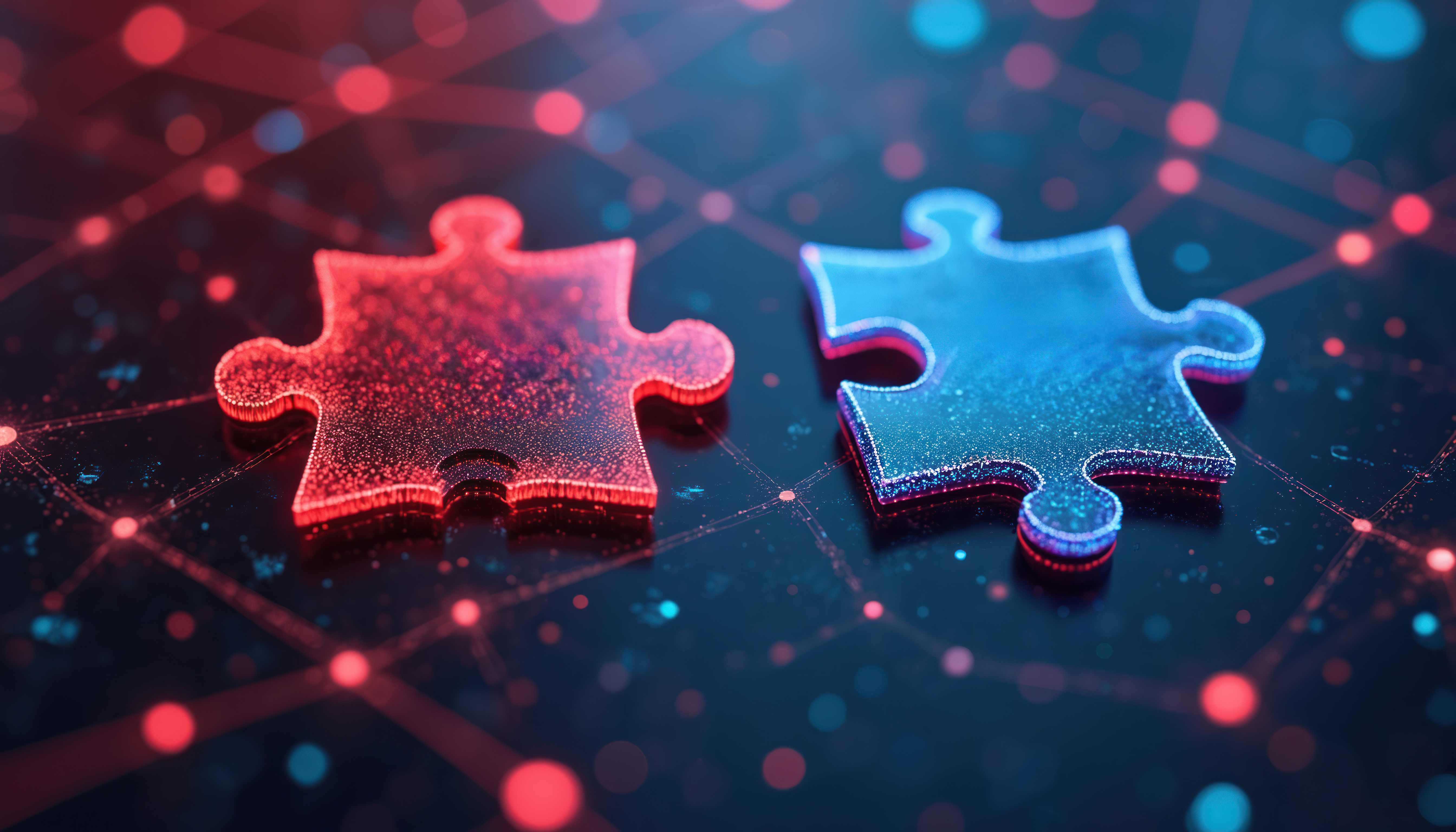 Digital art of API integration concept. Two puzzle pieces interlock against futuristic abstract tech-inspired background connectivity, AI. Data exchange, digital transformation, system network