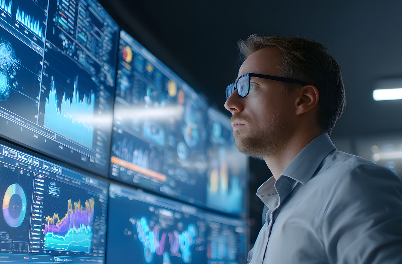 System administrator wearing glasses is analyzing data graphs an