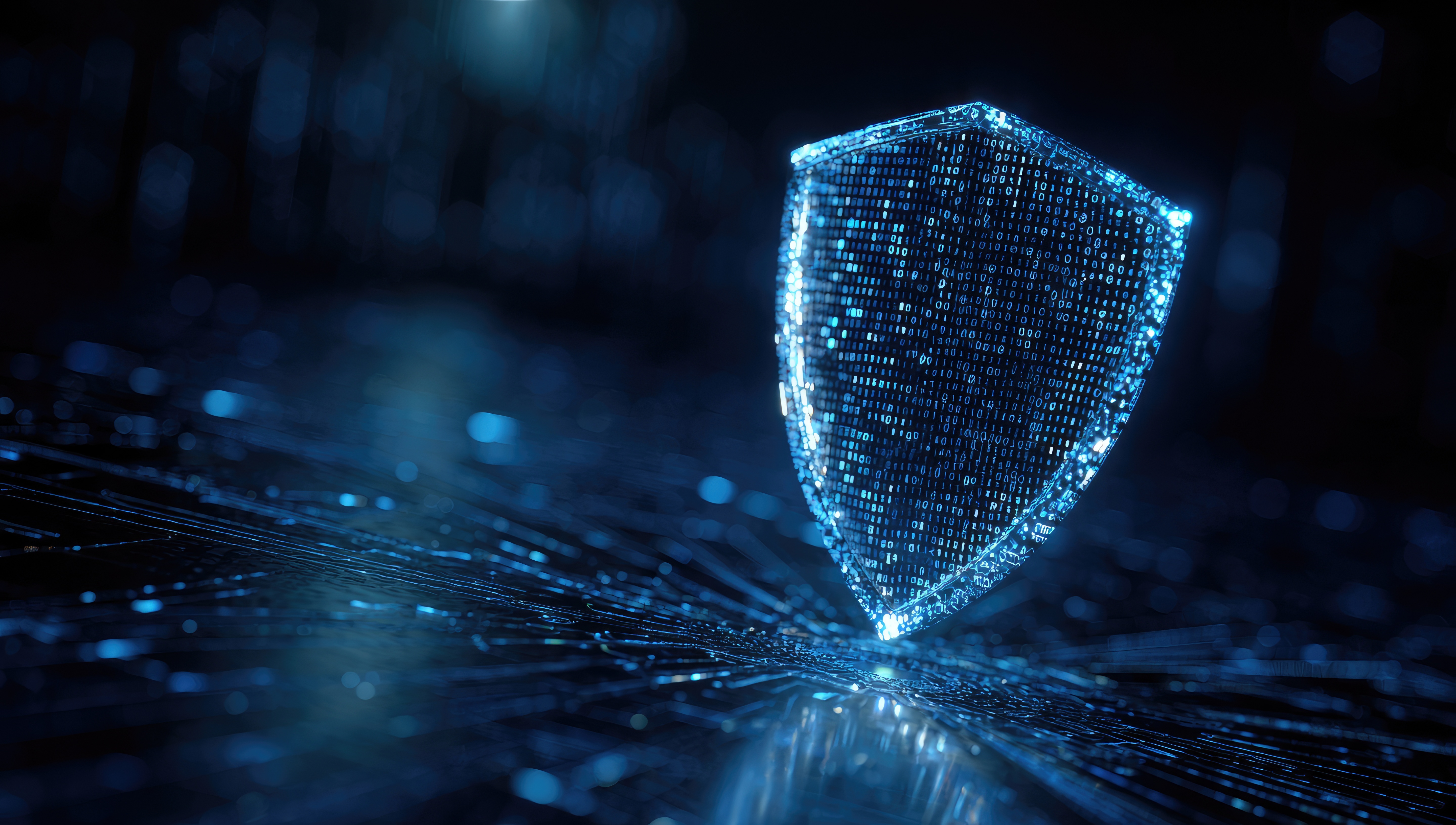 Glowing digital shield over abstract lines and dots representing network security and protection