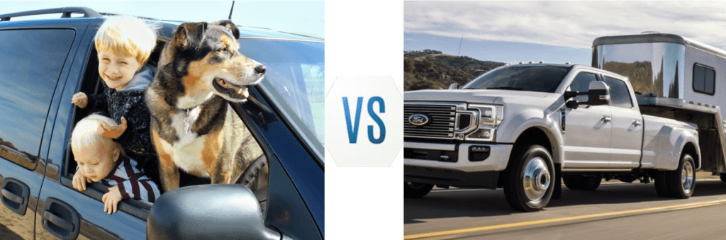 Image shows a Minivan vs. Ford Super Duty Pickup Truck Tableau