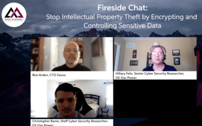 Image shows a screenshot (top left), Hillary Fehr (GE), and Chris Babie (GE) of the IP Protection Fireside Chat: Fasoo's Ron Arden 